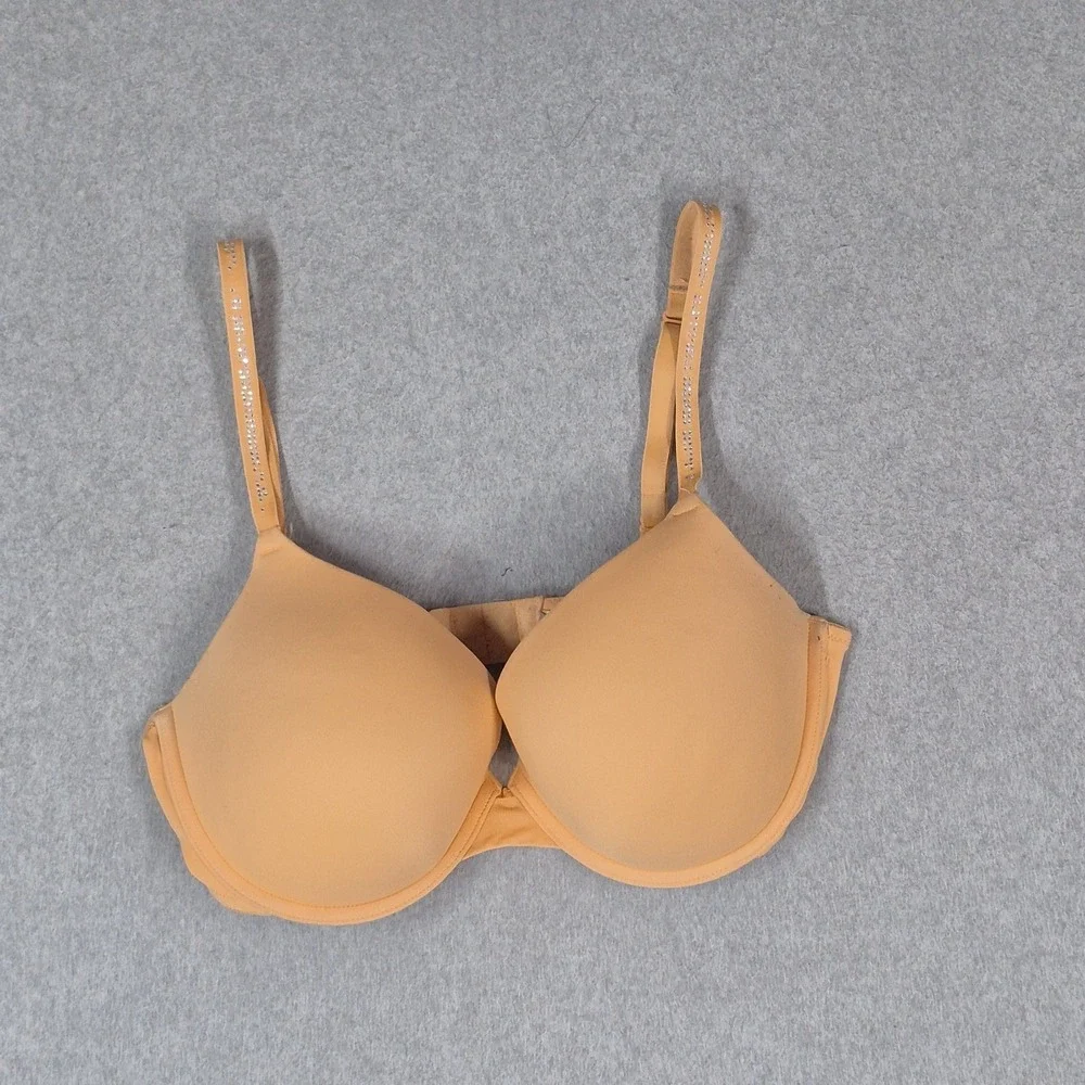 Victoria's Secret PINK Women Bra 34C Beige Push Up Underwired Rhinestone READ